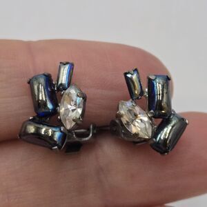 Vintage Blue Rhinestone Clip Earrings Oil Slick Baguette 1960s Dainty Sparkling